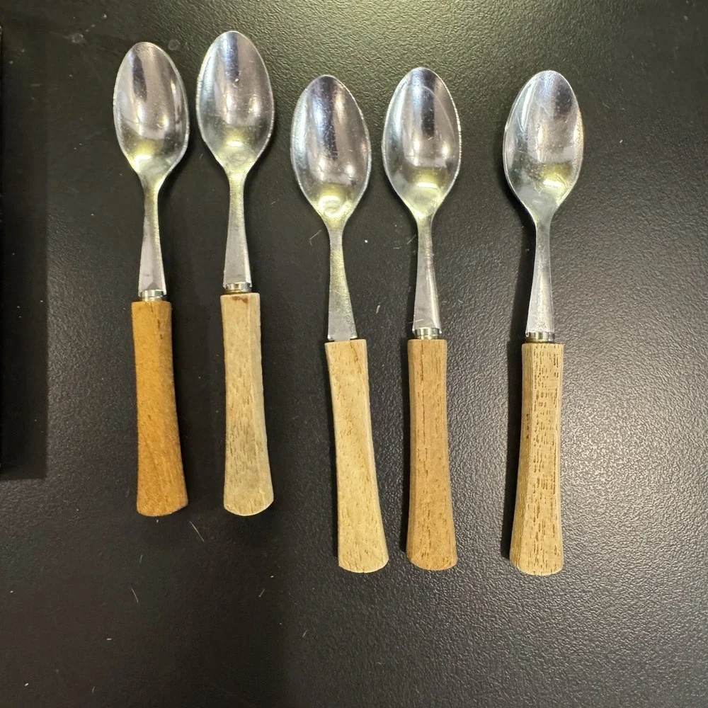 Vintage Set of 5 MCM Cocktail Spoons‎  Wood Handle Stainless Steel Japan Knobler